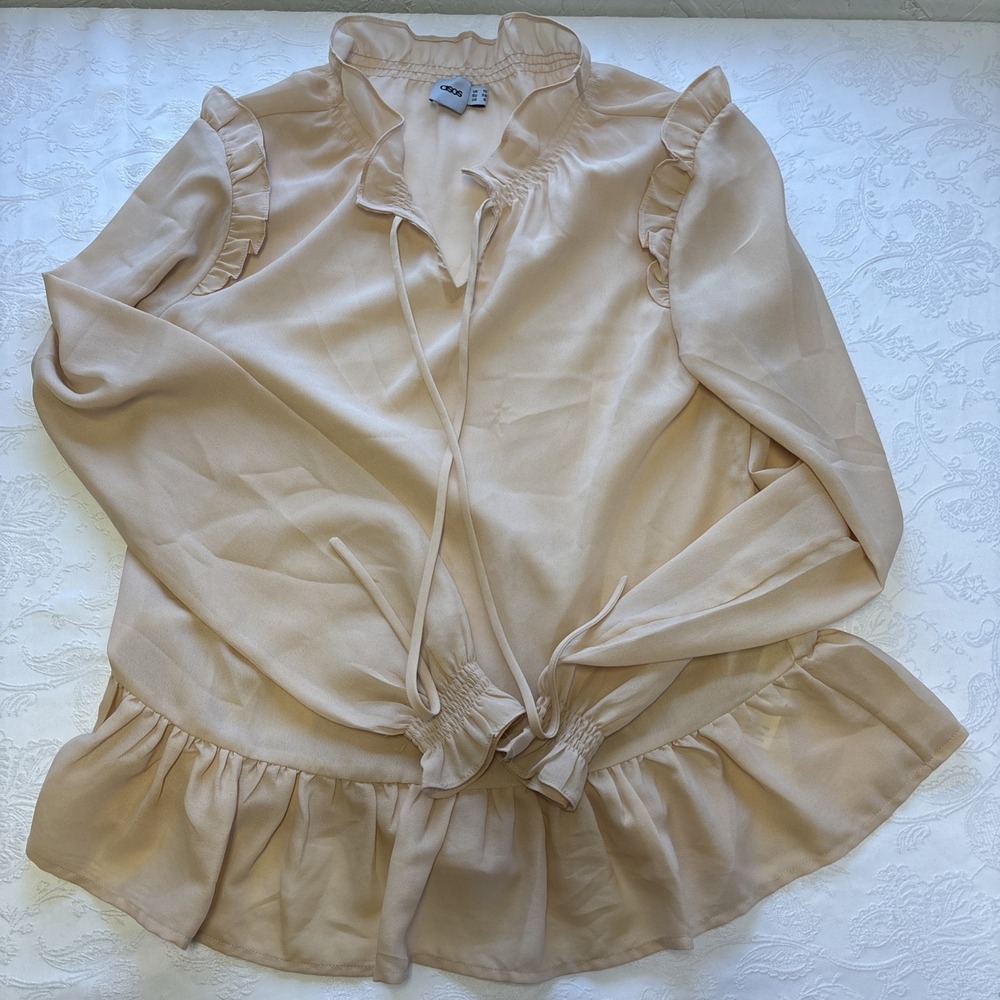ASOS Blouse Womens US 6‎ Peach Sheer Chiffon Tie Neck Ruffle Peplum Long Sleeve
